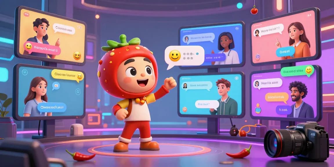 Engaging spicy chat AI character interacting with diverse users in a dynamic virtual chat environment.