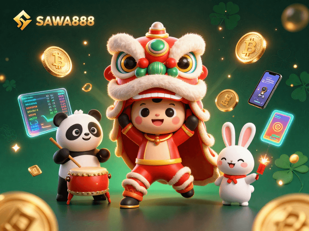 SAWA888 brings excitement with vibrant characters celebrating wins in this colorful casino scene.