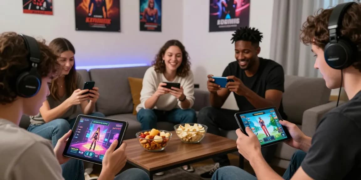 Players enjoying mobile porn games in a cozy living room, showcasing engaging gameplay and vibrant atmosphere.