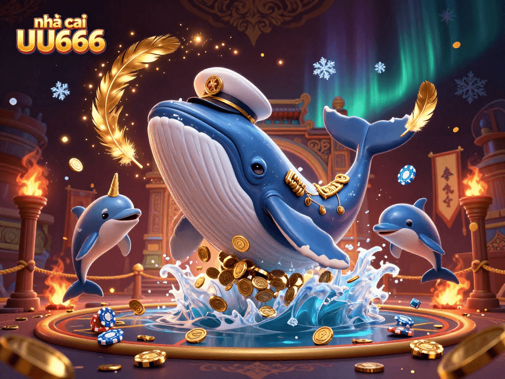 Win big at nhà cái UU666 surrounded by a playful whale, dolphins, and shimmering coins.