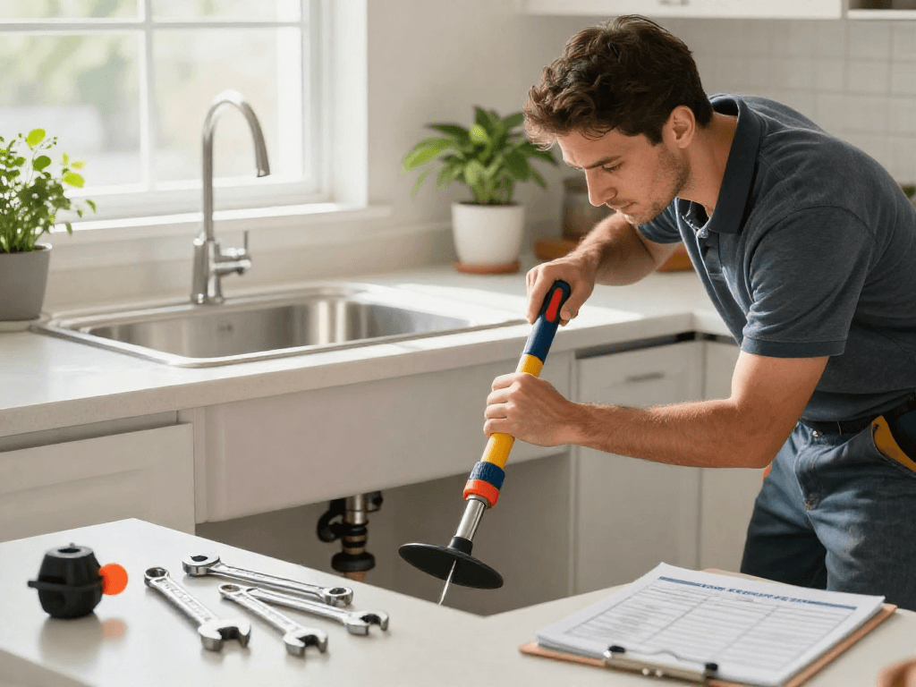 Professional plumber performing drain cleaning Fort Worth in a modern kitchen.
