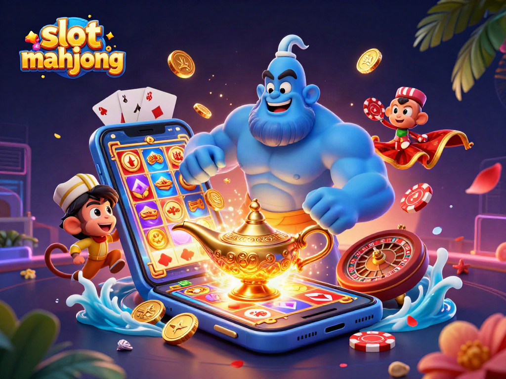 Engage with thrilling slot mahjong action as the genie grants winning spins amidst vibrant casino elements.