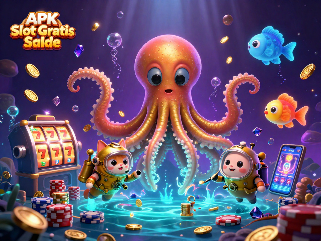 Spin to win with APK Slot Gratis Saldo showcasing a kraken and treasures in vibrant 3D illustration.