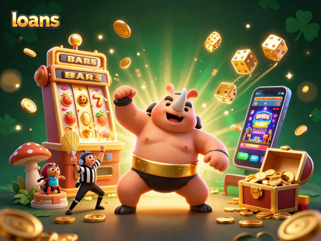 Engaging casino scene with the rhinoceros beetle champion representing loans amidst flying coins and dynamic game elements.