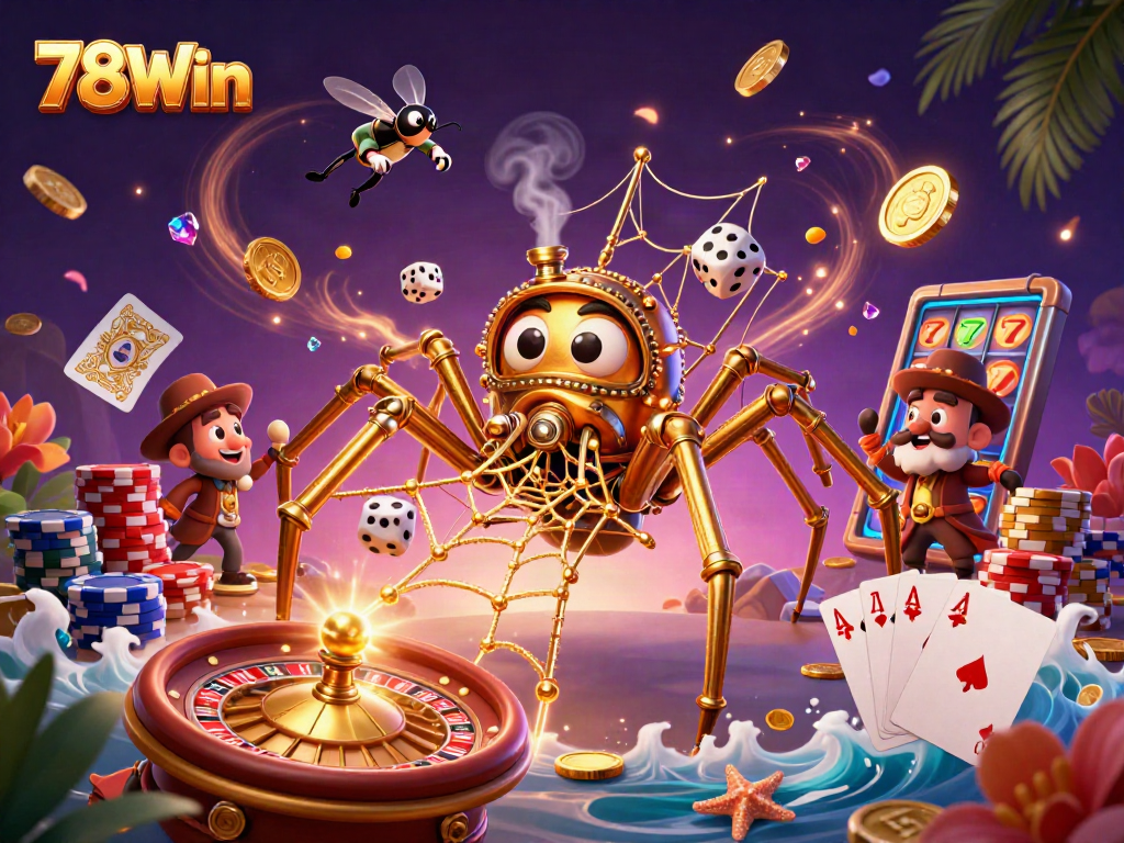 Experience thrilling gaming action with 78Win's dynamic casino illustration featuring vibrant characters and elements.