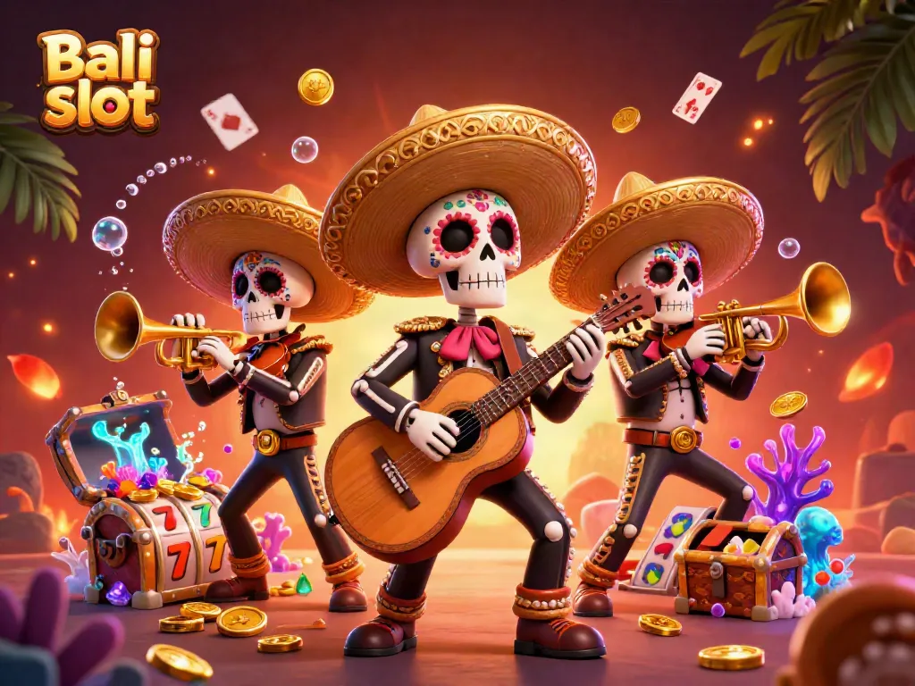 Experience the vibrant Bali slot scene with a lively mariachi band and dynamic gaming elements.
