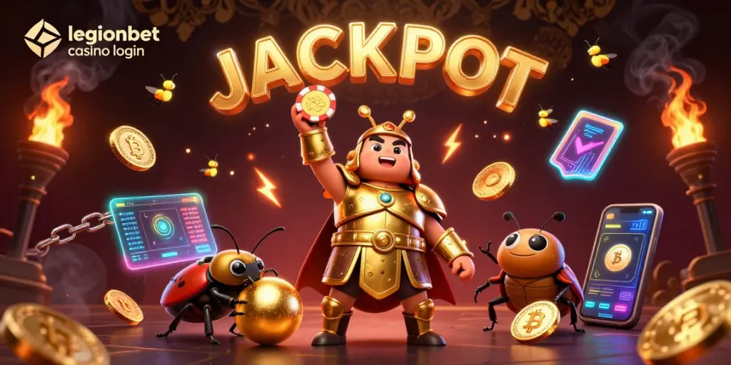 Experience thrilling games with legionbet casino login as a beetle hero celebrates a jackpot victory!