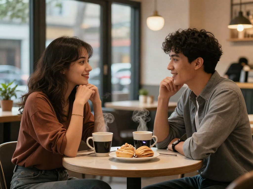 Couple discussing sex AI in a cozy coffee shop setting, conveying connection and modern intimacy.