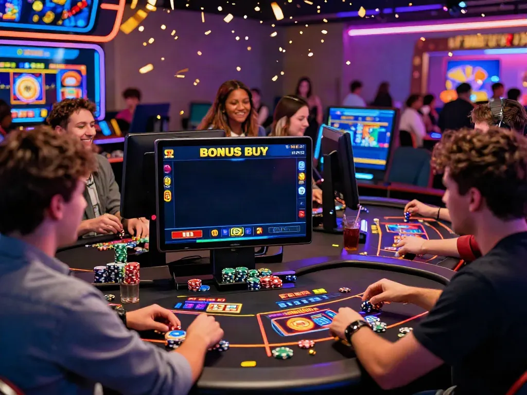 Players enjoying Bonus Buy slots at a virtual gaming table on https://stargazyinn.co.uk with colorful screens and festive atmosphere.