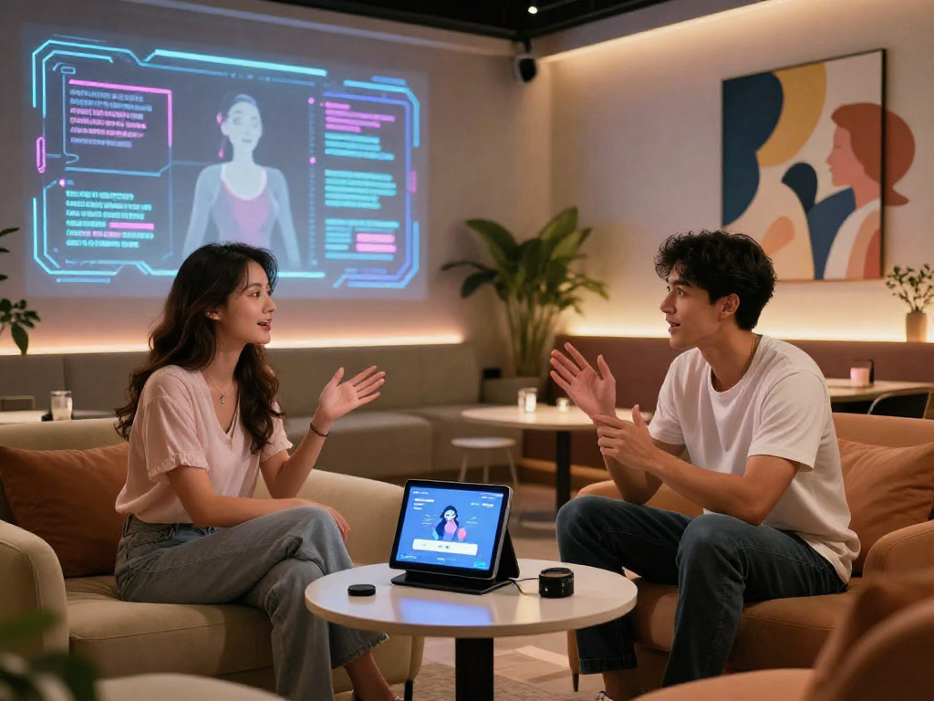 AI characters discussing sex AI technology in a futuristic lounge.