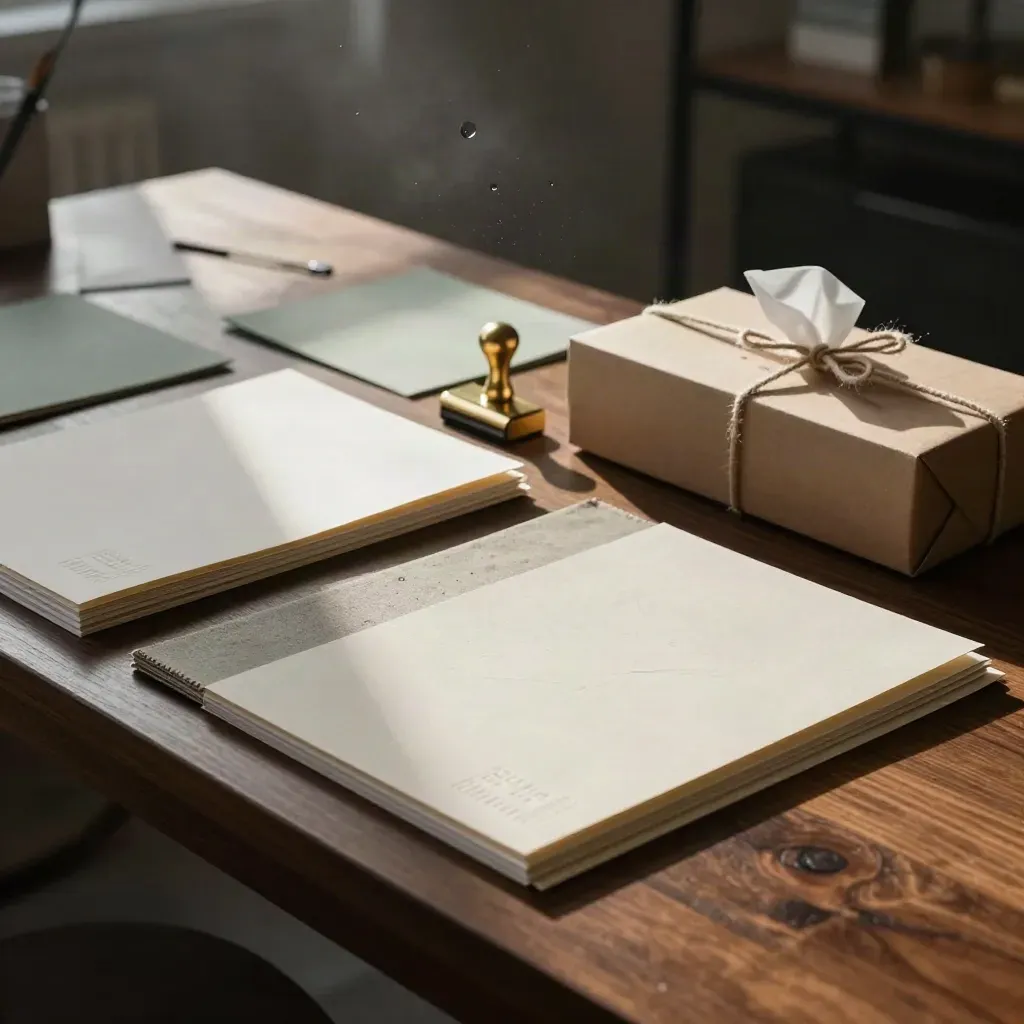 Moody branding studio still life with embossed folders, paper stocks, linen swatches and a launch box on walnut.