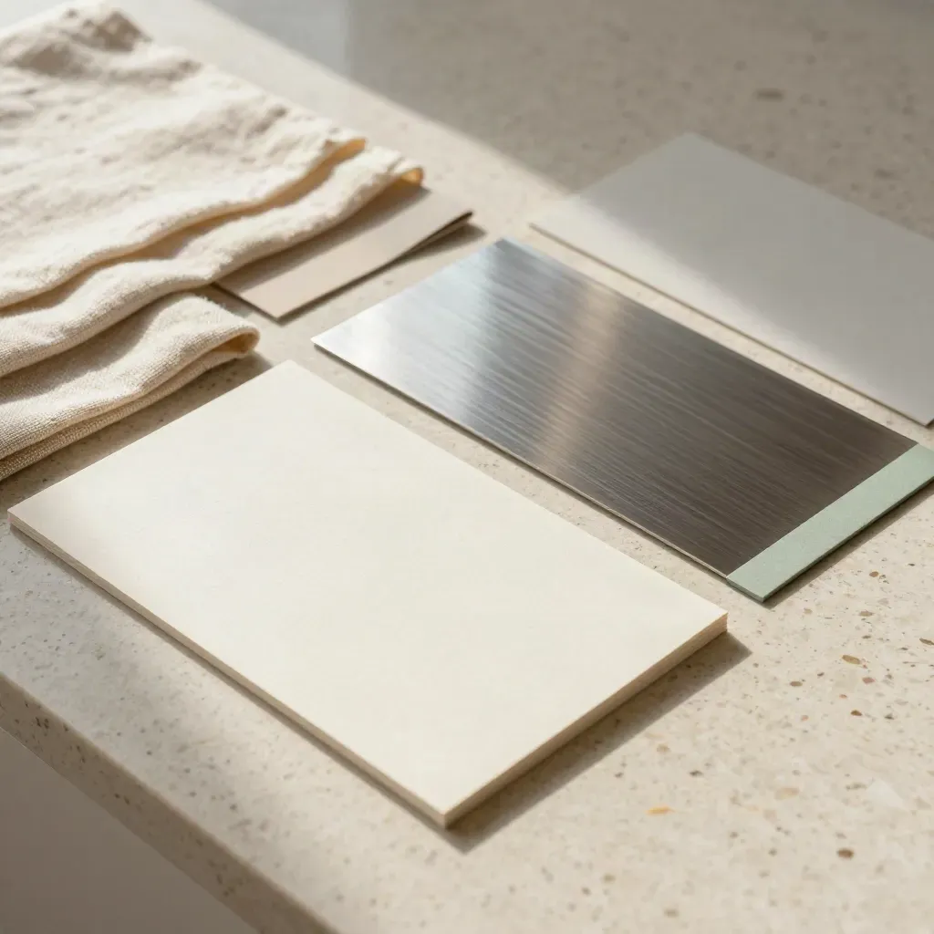Overhead grid of linen, paper, acetate and foil samples on travertine.