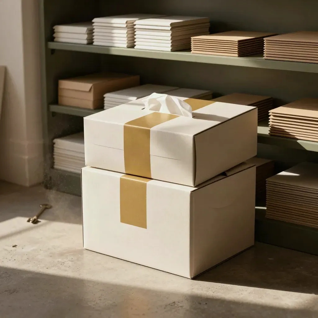 Moody packaging atelier with stacked premium boxes, tissue wrap and a muted gold band.