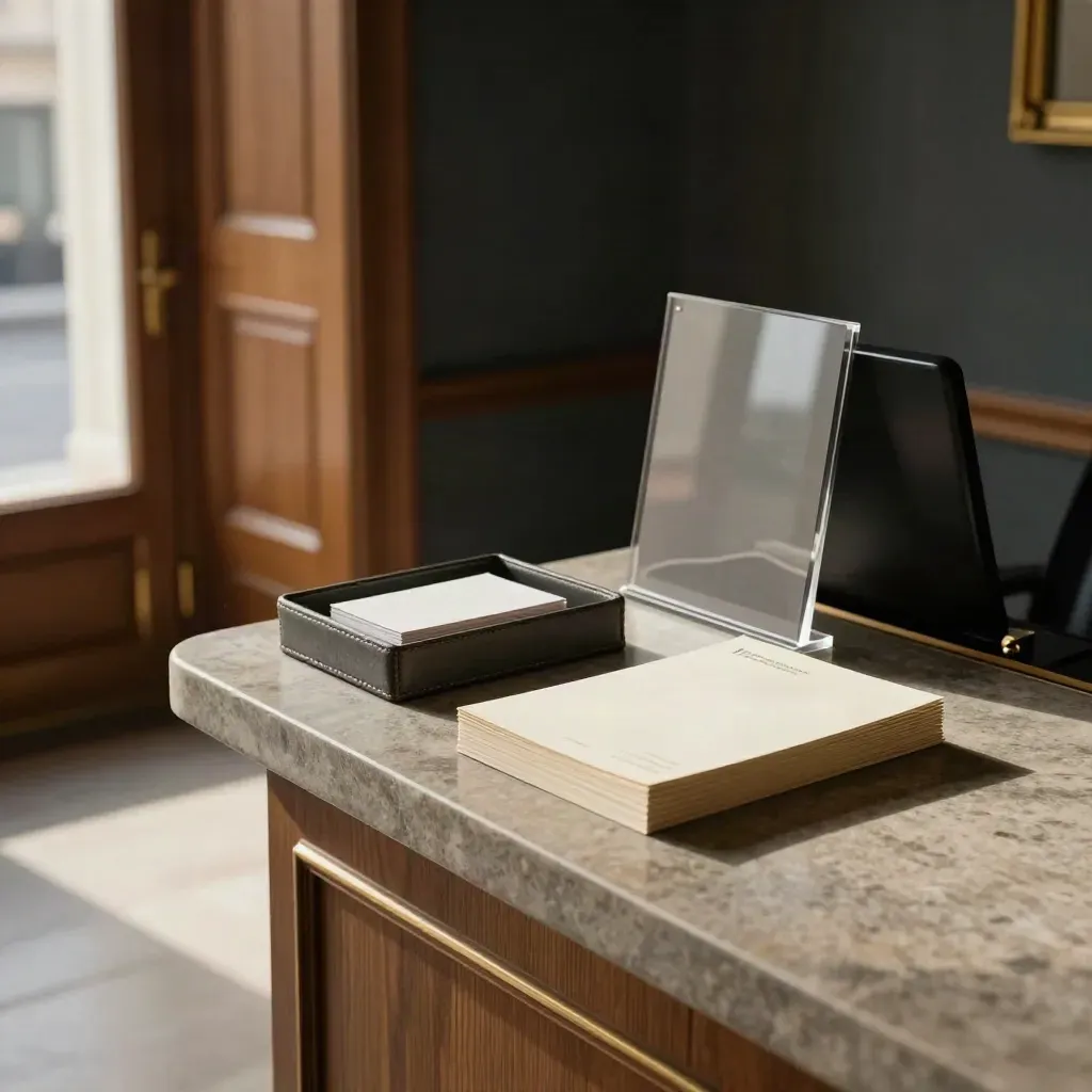 Empty law-firm reception corner with stone, brass, stationery and doorway light.