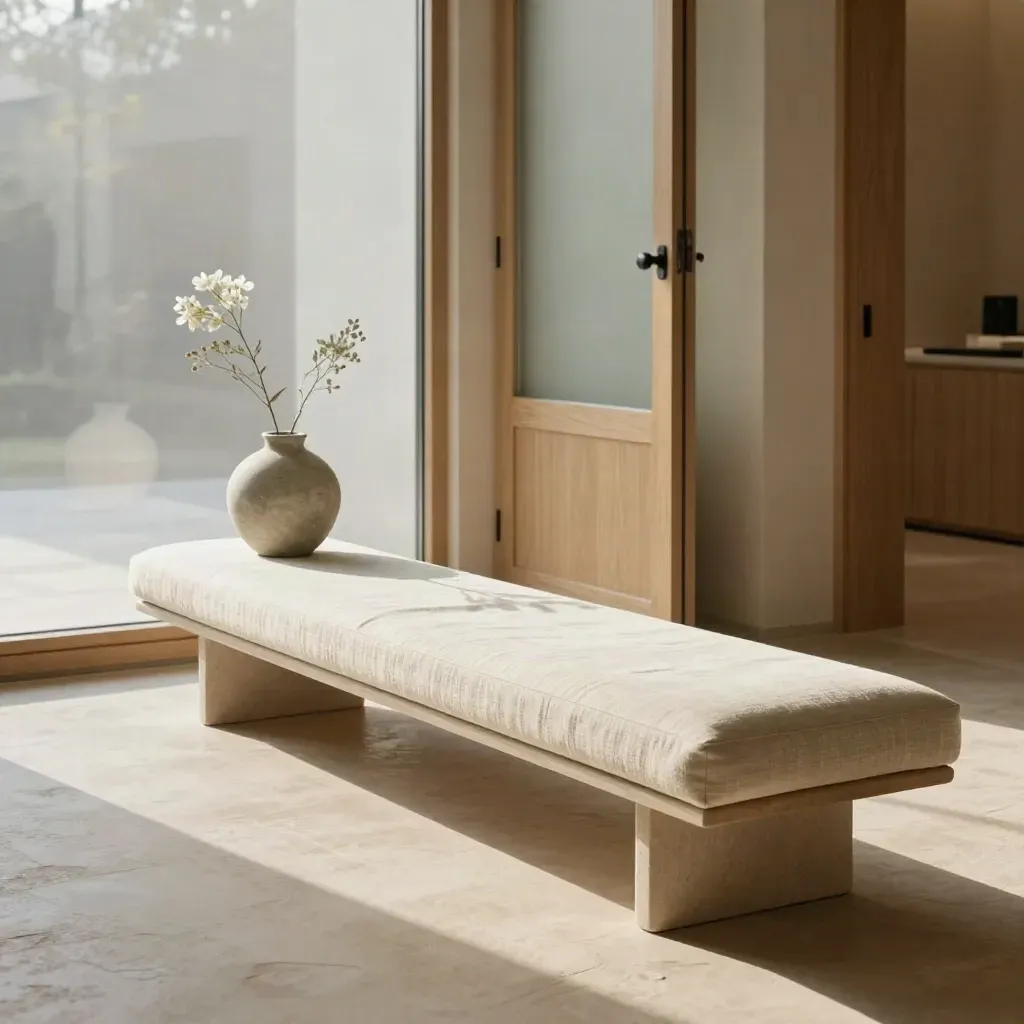 Pale oak clinic entry with frosted glass, linen bench and stone vessel in soft morning light
