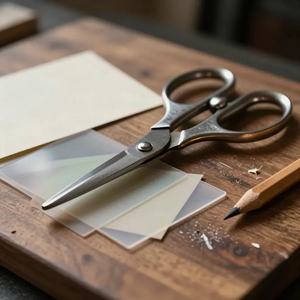 Scissors, acetate overlays and a pencil stub on a walnut cutting bench in dramatic studio light.