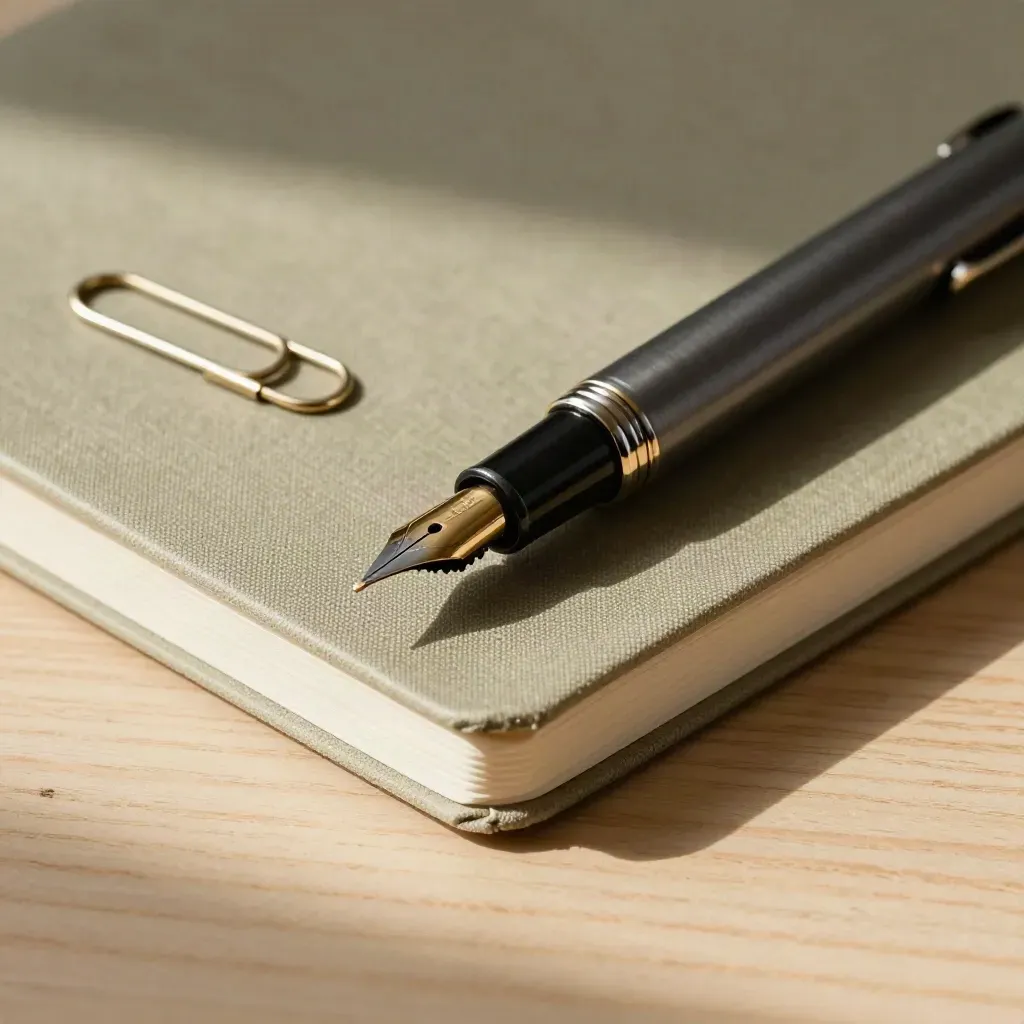 Graphite fountain pen, brass speech-mark clip and cream notebook spine on linen and wood.