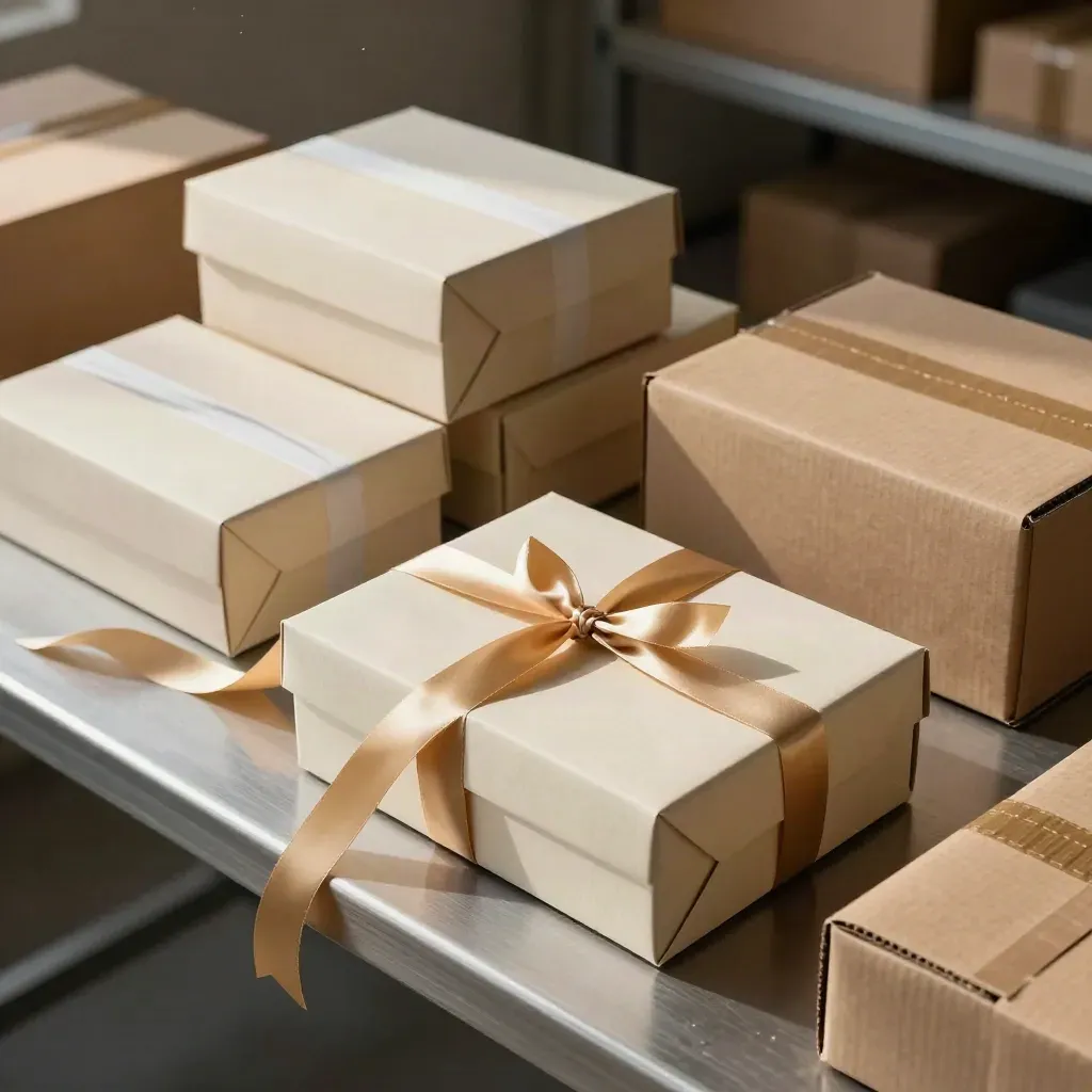 Top-down packaging scene with gift boxes, tissue wrap, ribbon and shipping cartons on a pewter bench.
