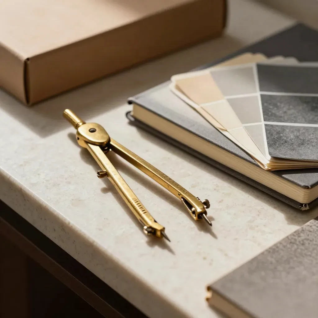 Brass drafting compass, closed strategy notebook, index box and swatch fan on travertine.