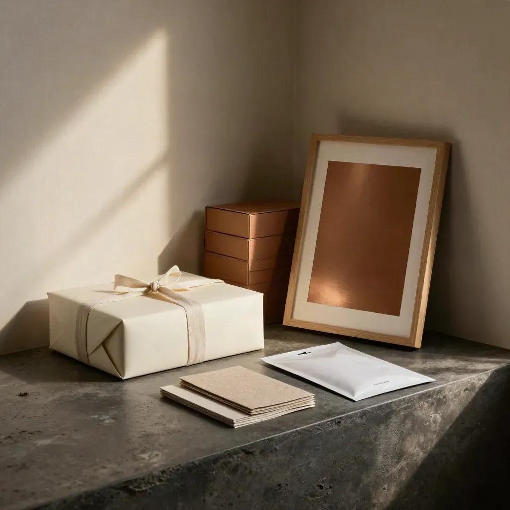 Cream-wrapped brand kit, sample boxes and unprinted art boards in a moody studio launch corner.