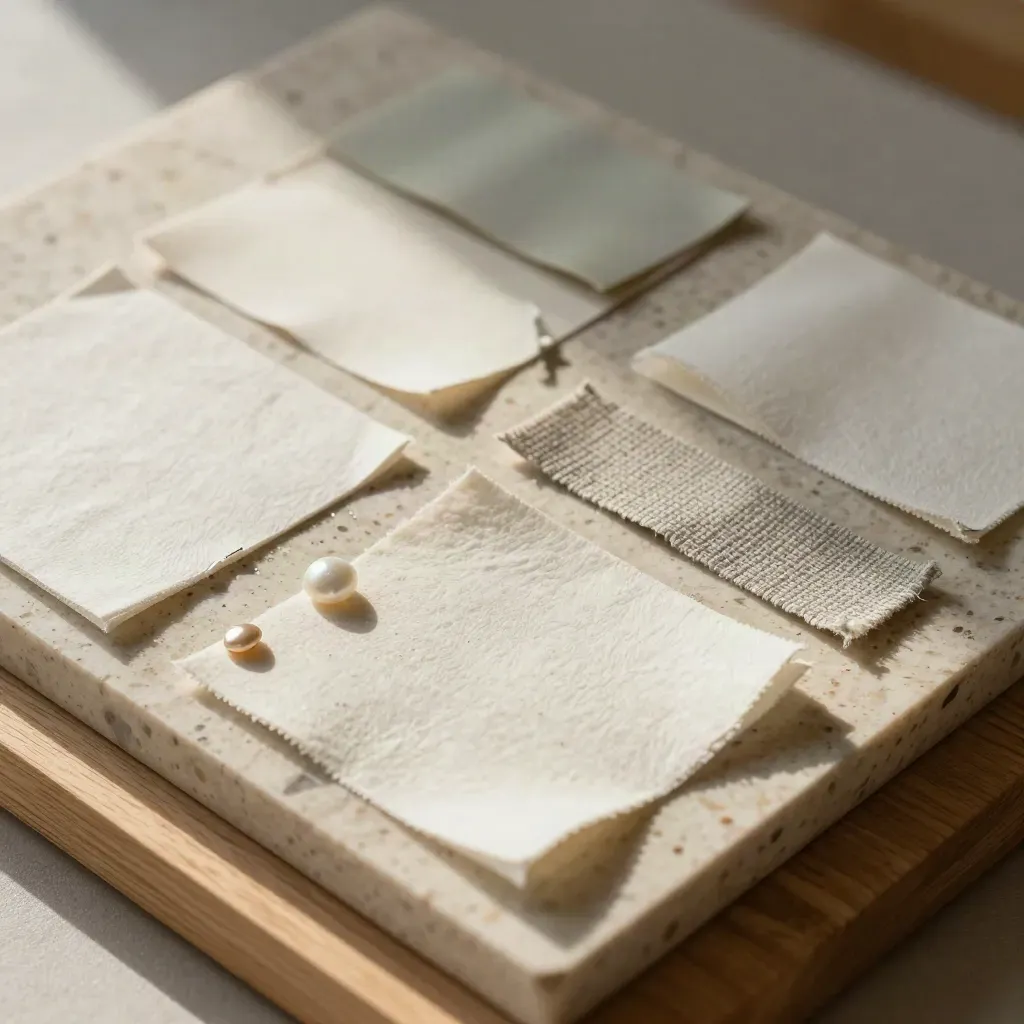 Material sample board with paper swatches, foil chips and sage binding cloth on a travertine slab.