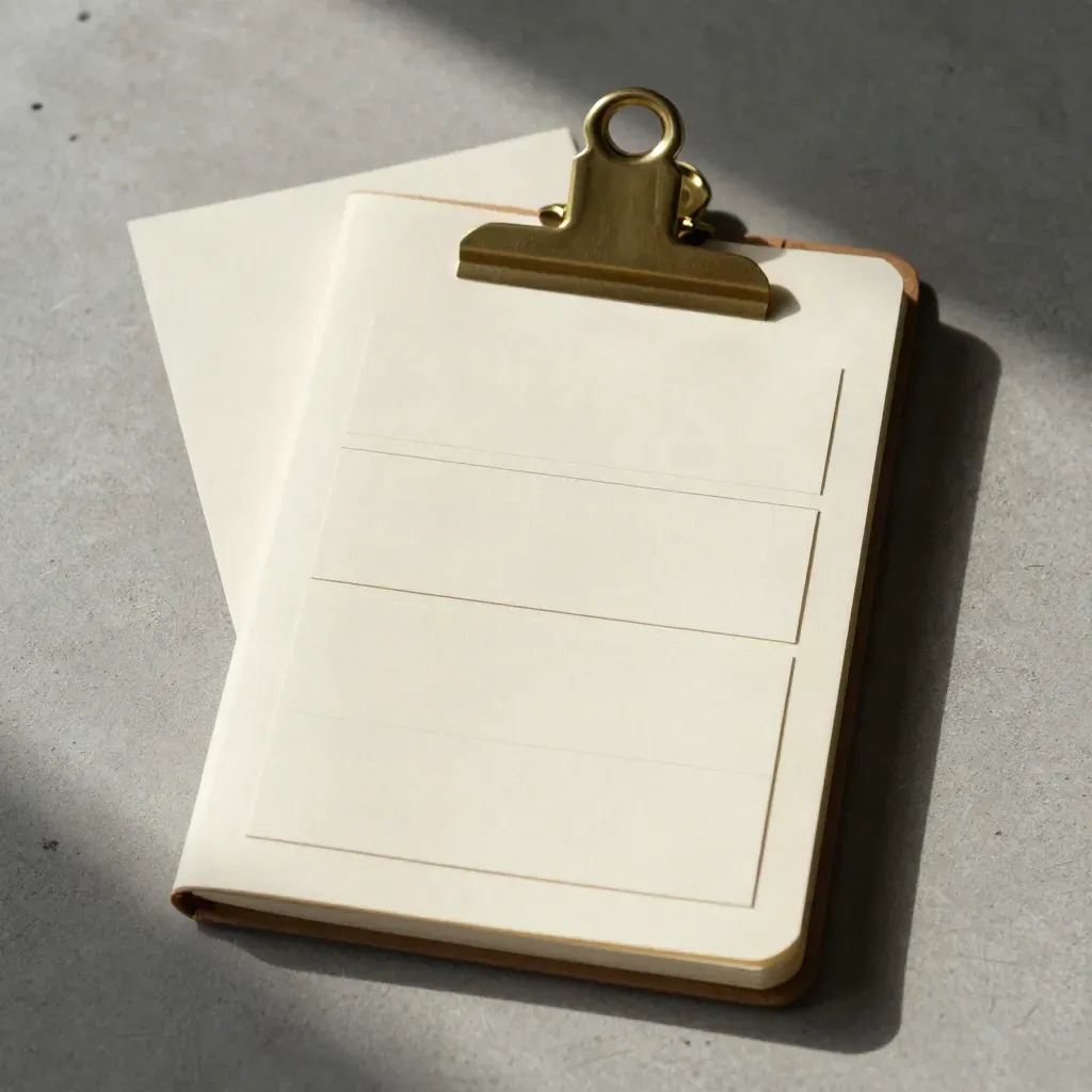 Cream notebook, blank cards and brass clip on pale concrete, overhead brand still-life.
