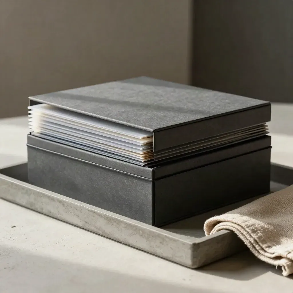 Archival box, proof sleeves and storage case on a concrete tray with soft cloth.
