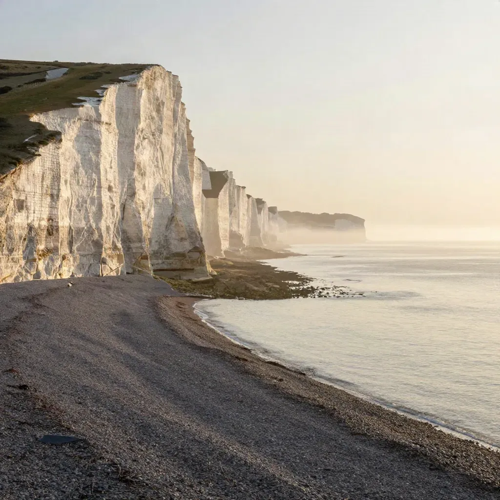 Brighton chalk cliffs and a misty shingle shore at golden dawn.
