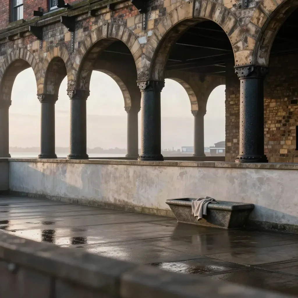 Sunlit Liverpool dock arches with iron columns, wet floor, and Mersey haze