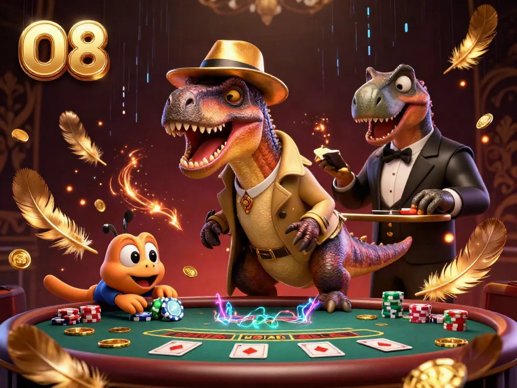 O8 illustrates a vibrant blackjack scene with a velociraptor card counter, showcasing thrilling gameplay.