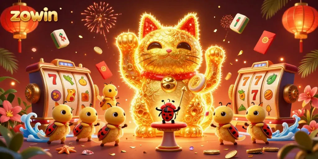 Experience the vibrant joy of Zowin's casino fun with a golden cat and swirling symbols.