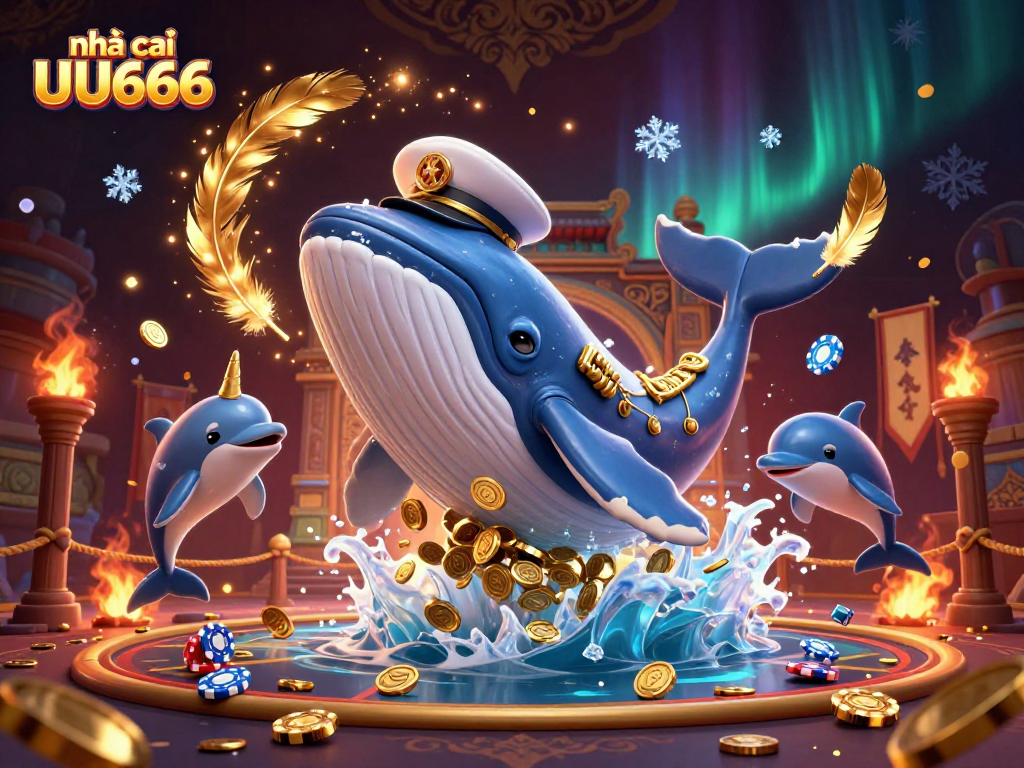 Win big at nhà cái UU666 surrounded by a playful whale, dolphins, and shimmering coins.