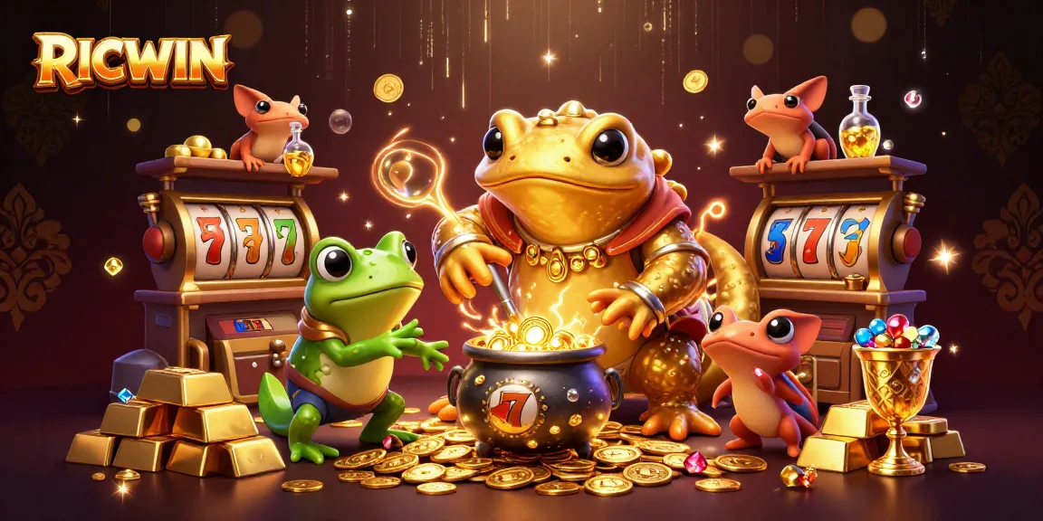 Play exciting slots with RICWIN in a vibrant, gold-laden scene featuring alchemist characters.