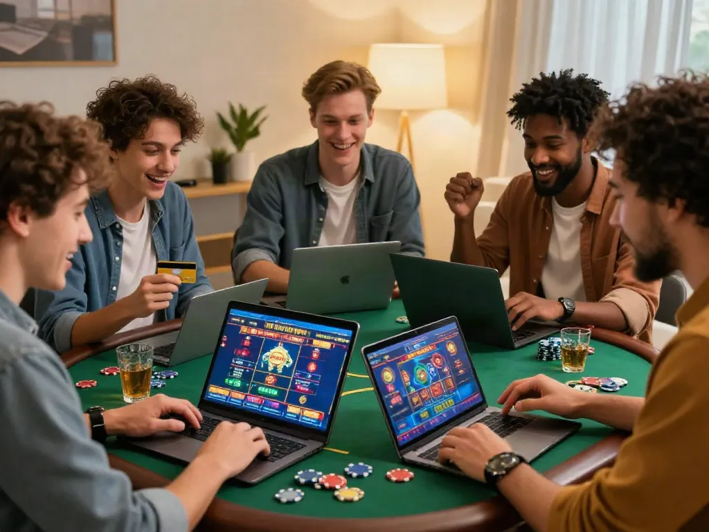 Friends enjoying online gaming experience at casinos that take credit cards in a cozy home setting.