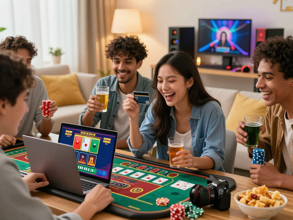 Playing credit card casinos with friends in a cozy living room during a joyful gaming night.