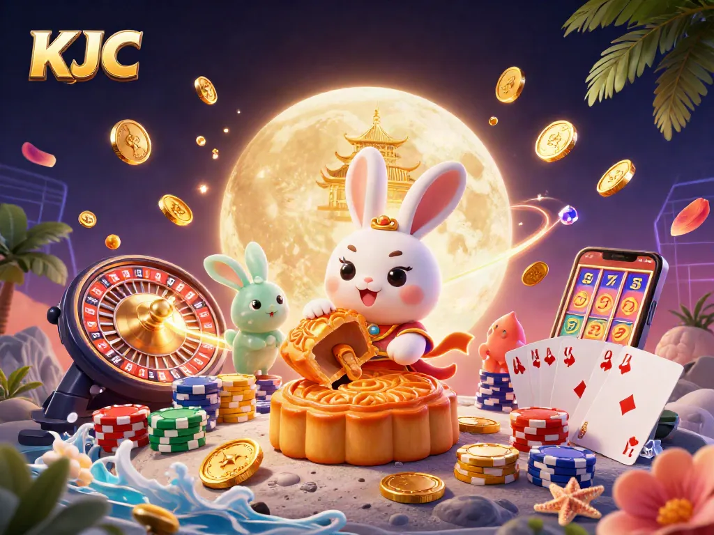 KJC moon rabbit pounding mooncakes reveals poker chips, a vibrant casino-themed scene.