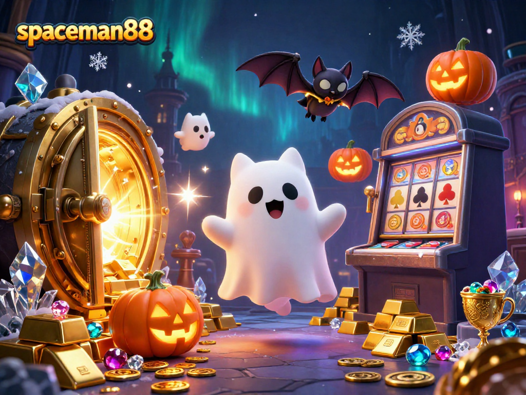 Experience winning big at spaceman88 with a vibrant ghost cat floating in a haunted casino.