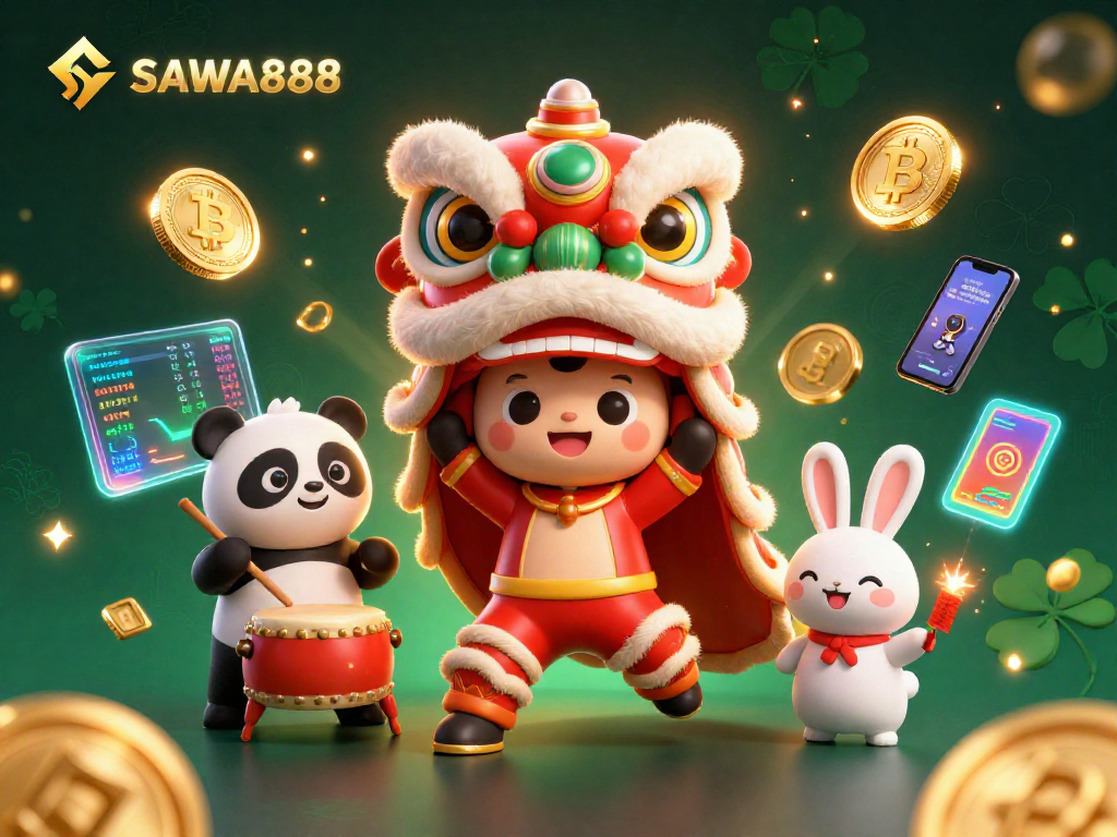 SAWA888 brings excitement with vibrant characters celebrating wins in this colorful casino scene.