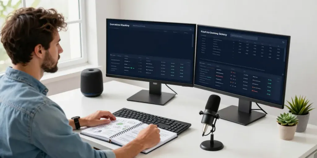 SEO specialist analyzing instant indexing metrics in a modern workspace with dual monitors and natural light.