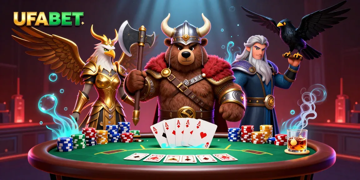 Experience thrilling gameplay at UFABET with a Viking berserker, Valkyrie eagle, and an exciting poker scene.