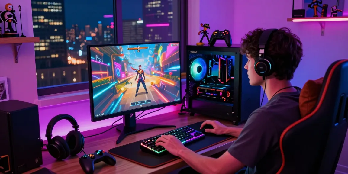 Engaged player enjoying a hentai game in a colorful gaming setup with LED lighting.