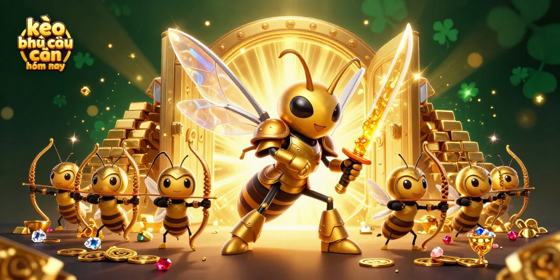 Engage with the dynamic scene of kèo nhà cái hôm nay featuring a golden hornet in samurai armor and treasure elements.