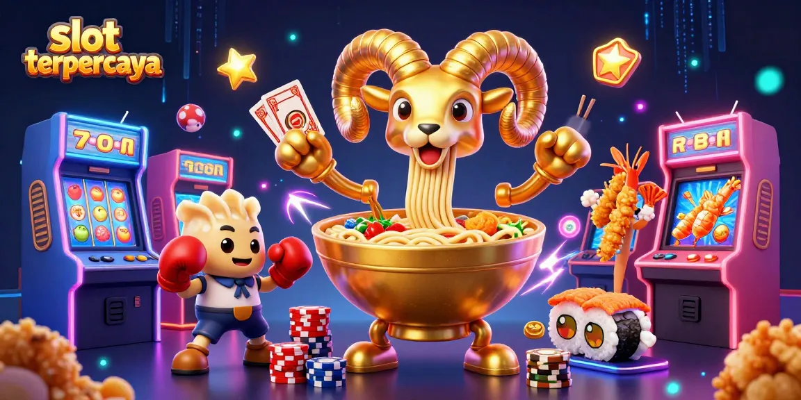 Experience the thrill of slot terpercaya with lively characters engaging in card games and colorful arcade elements.