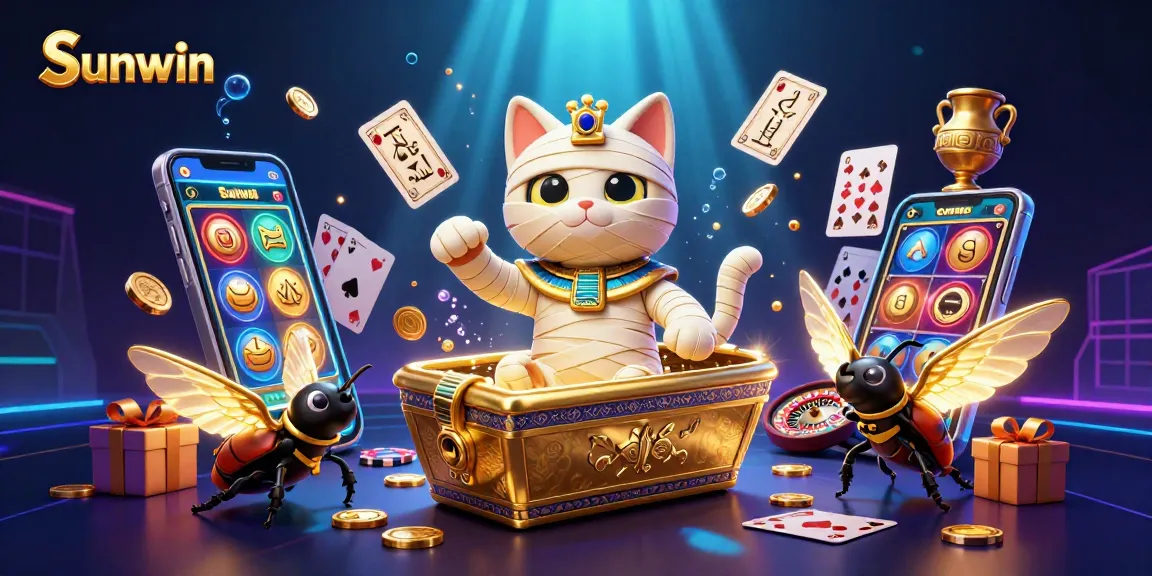 Play thrilling casino games at Sunwin; a mystical mummy cat, glowing scarab, and floating cards set the scene.