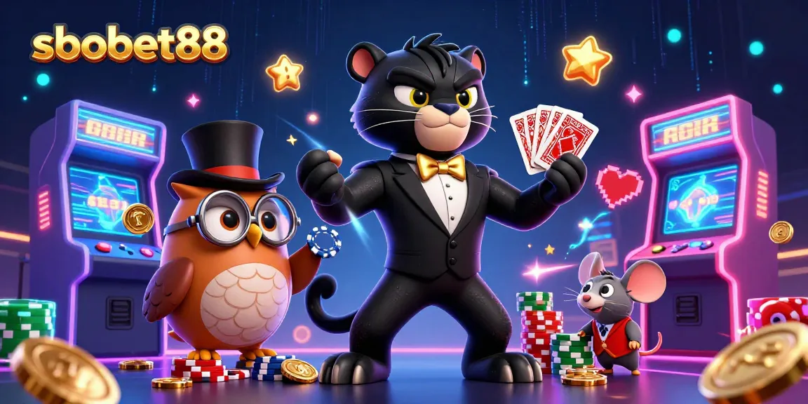 Sbobet88 featuring a stylish black panther dealing cards elegantly amidst vibrant casino elements, enhancing the gaming experience.
