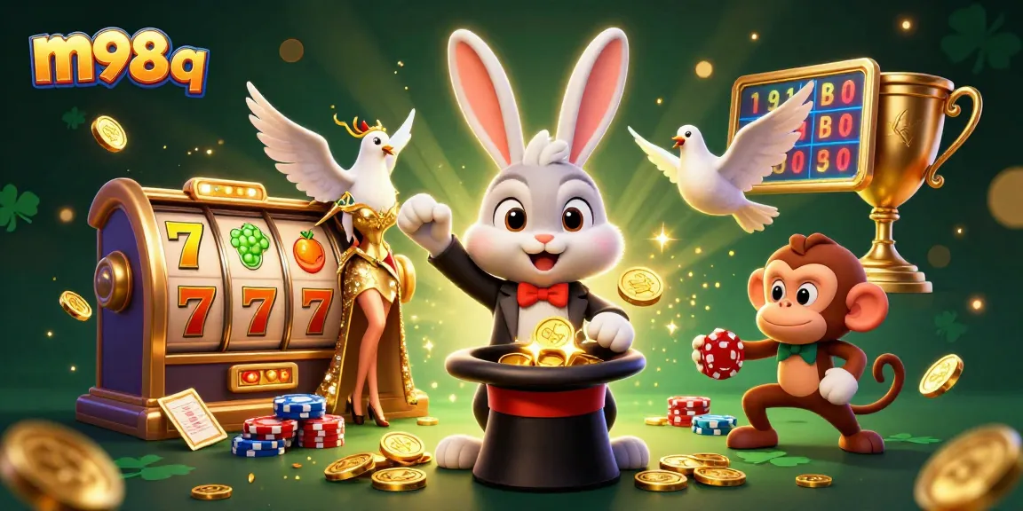 Experience enchanting gameplay with m98 q featuring a magician rabbit, dove, and poker chips in a vibrant casino.