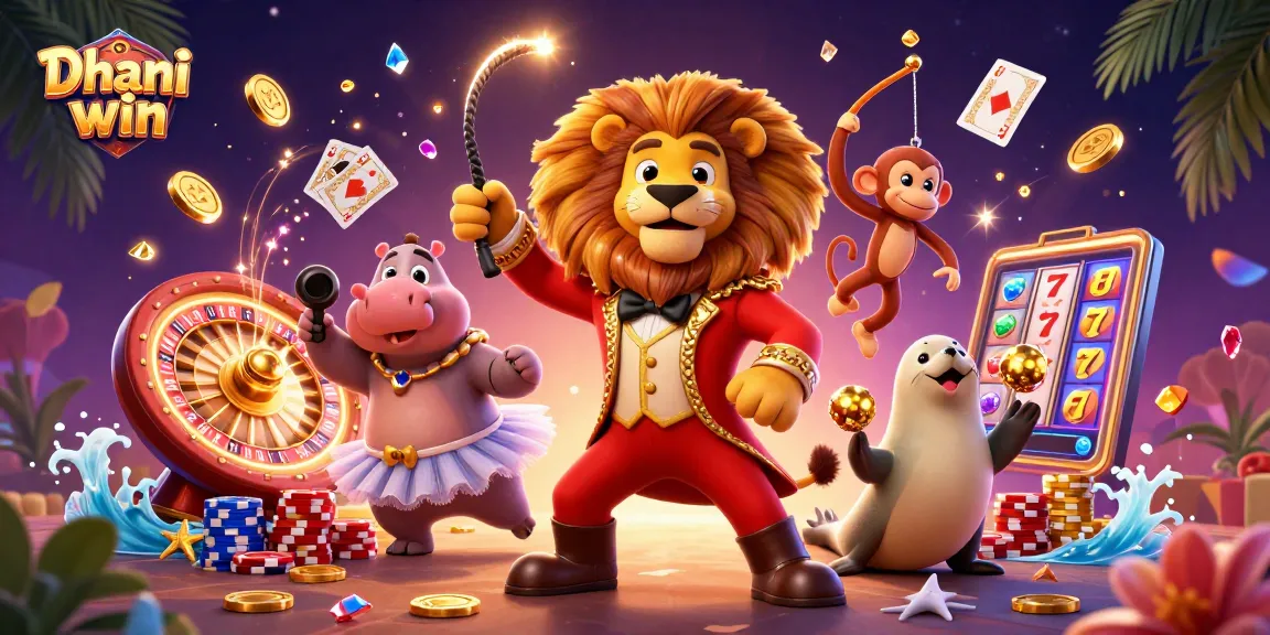 Dhani win brings excitement with a vibrant gaming scene featuring a lion ringmaster, hippo, and more.