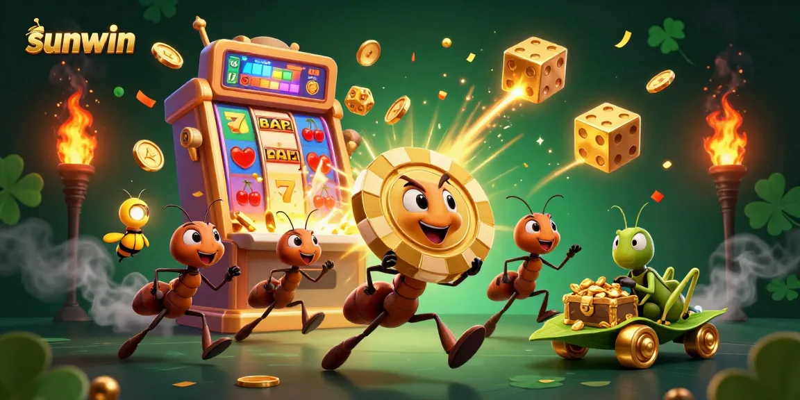 Sunwin players embark on a thrilling heist with ants, coins, and jackpots in this vibrant casino scene.