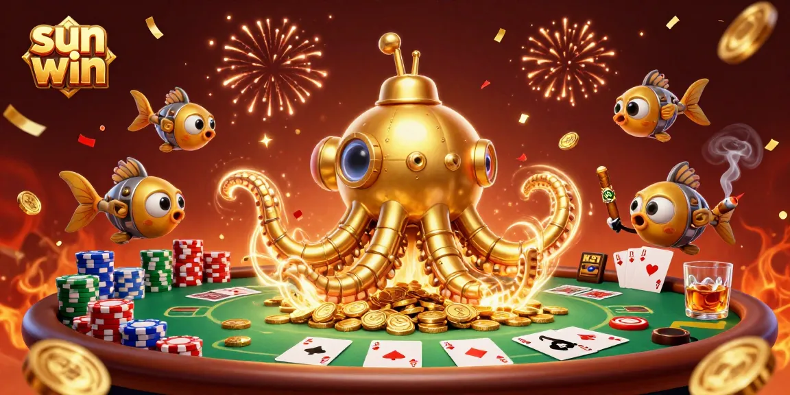 Experience thrilling gameplay at sun win, featuring a golden kraken submarine amidst poker elements.