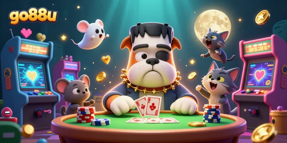 Experience thrilling gameplay at go88u with a spooky cartoon scene featuring vibrant casino elements.